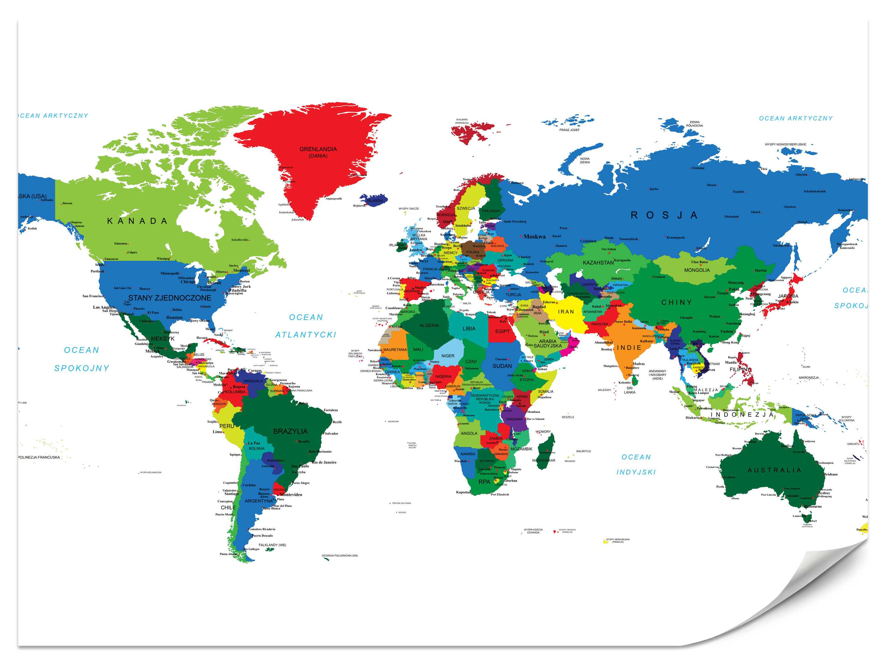 Fototapeta Kolorowa mapa świata po polsku 100x70cm