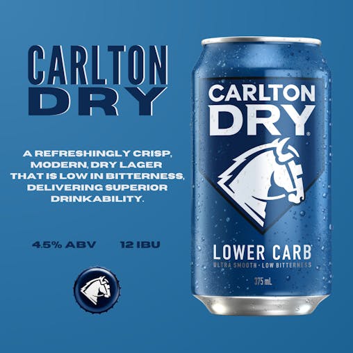 Carlton Dry, Low Carb & Full Strength Beer, Crisp & Refreshing Finish, Classic Australian Lager, 4.5% ABV, 375mL (Case of 24 Cans)