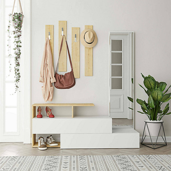 Meuble d'entrée Dmartne, Crochet d'entrée, Console de rangement multifonction, 137x35h55 cm, Blanc et chêne