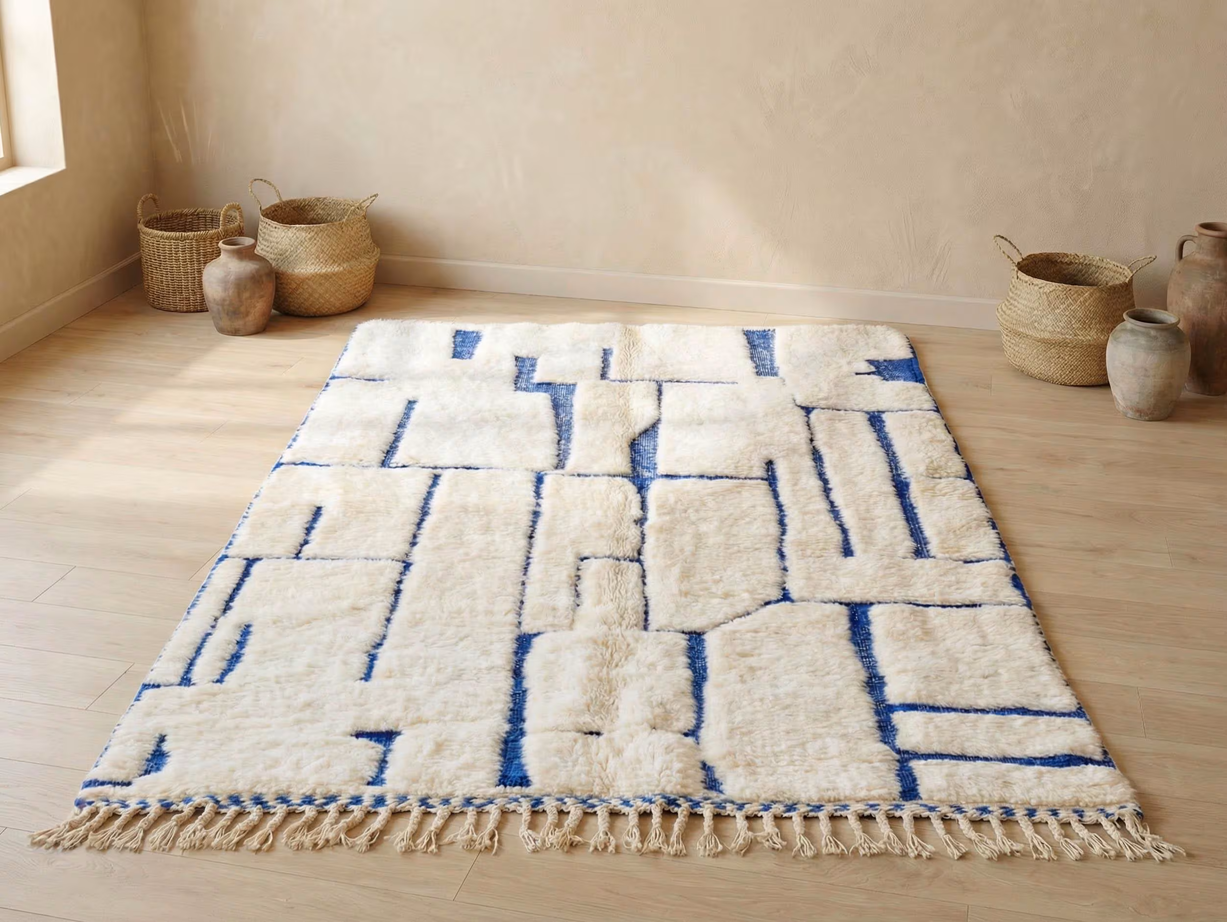 Handmade Beni Ourain Wool Rug – Ivory Berber Carpet, Blue Geometric Design