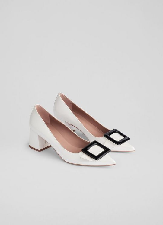 Tia White And Black Leather Covered Buckle Courts