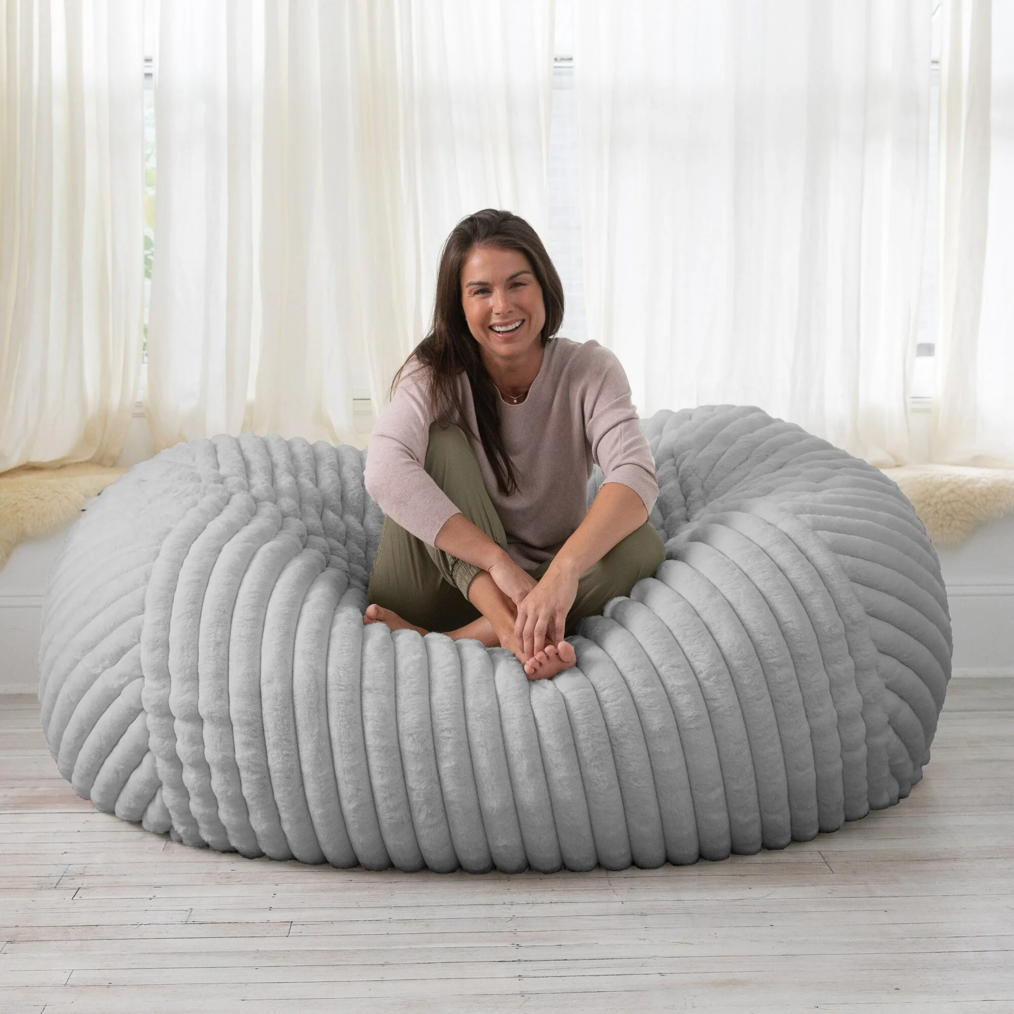 Ribbed Faux Fur Bean Bag Loveseat - 64 - Gray