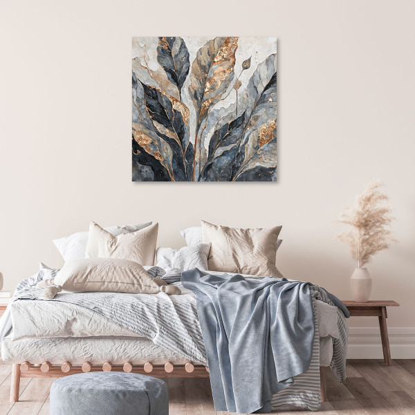 Feeby Obraz na płótnie, Abstrakcyjne Liście Szary Złoty 30x30