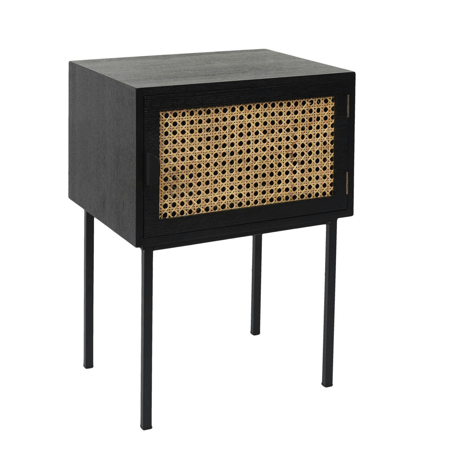 - Table de chevet en cannage 1 porte en bois et métal noir