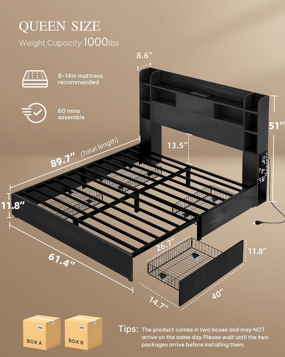 DWVO Queen Size Bed Frame with Bookcase Headboard and 4 Storage Drawers, RGB LED Bed Frame with Type-C & USB Charging Station Storage Headboard Bed, No Box Spring Needed, Noise Free, Black
