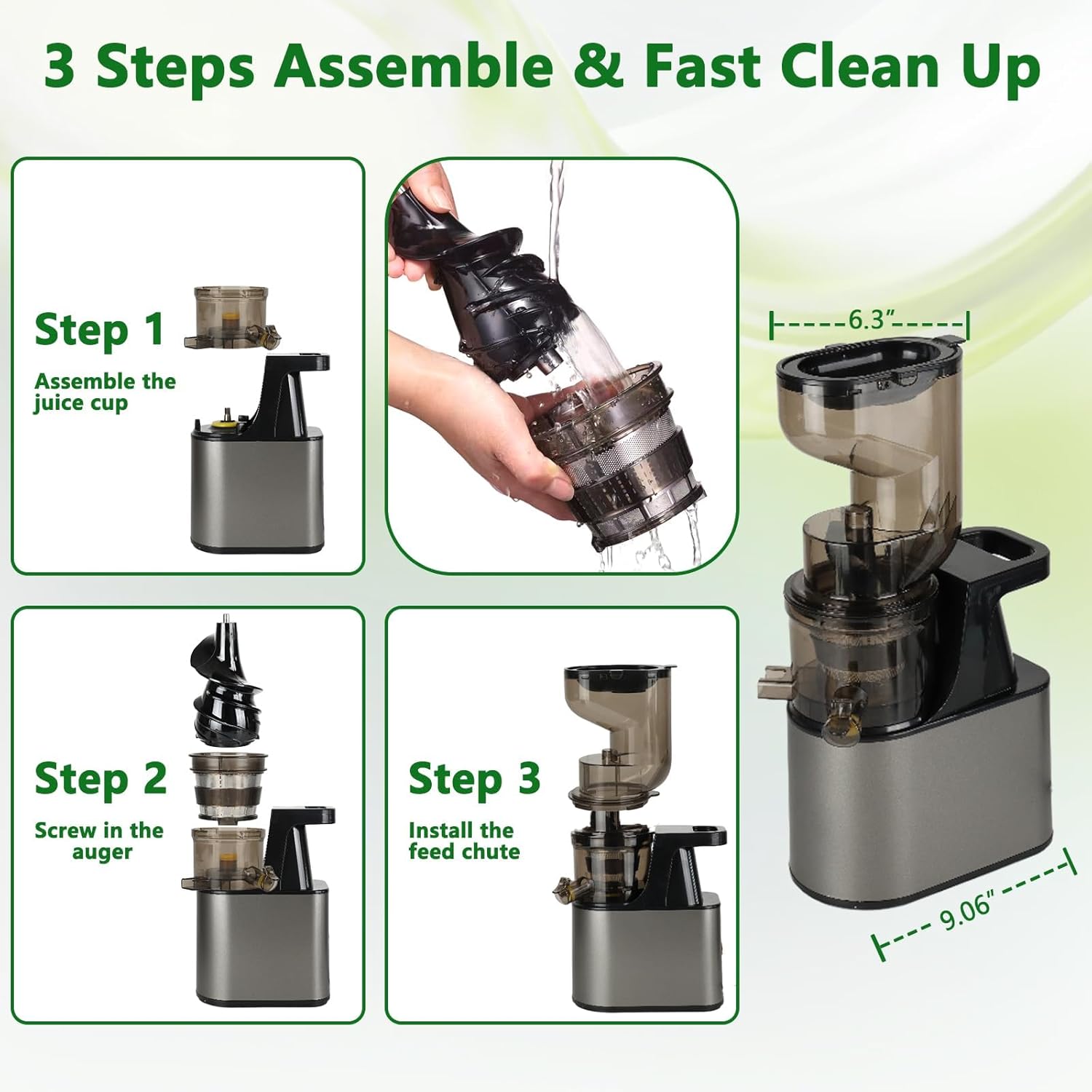 Cold Press Juicer,6.3 Wide Feed Chute Juice Extractor Machine,300W All-Copper Motor Slow Masticating juicer for Whole Vegetables & Fruits,Self Feeding for Juice Extractor Machine, High Juice Yield