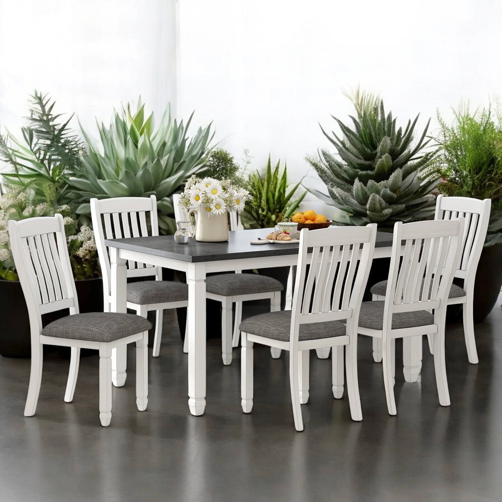 Modern 7-Piece Dining Table Set for 6 with Upholstered Chairs, Solid Wood Dining Set for Kitchen & Dining Room