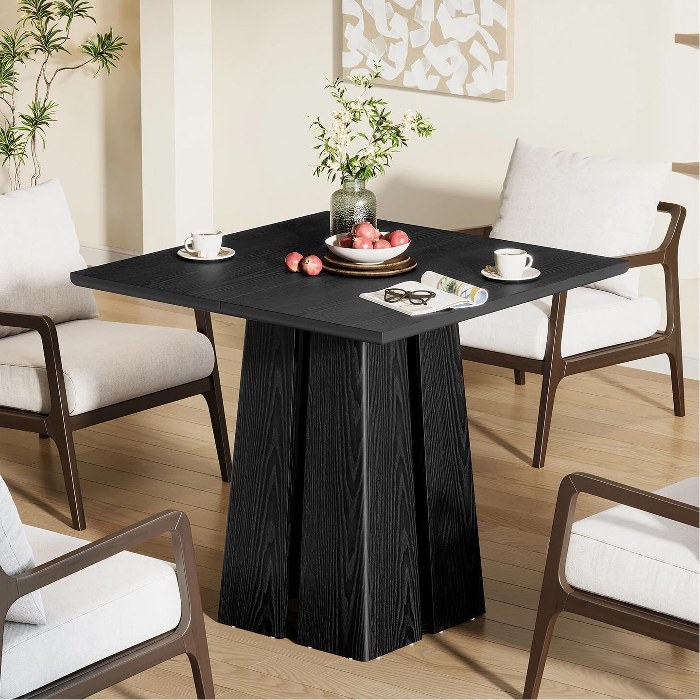 LITTLE TREE Wooden Square Dining Table 4 Sets, 31.5 Farmhouse Kitchen Table with Heavy-Duty Pedestal Base, Dinner Furniture for Dining Room, Living Room, Kitchen (1, Black)