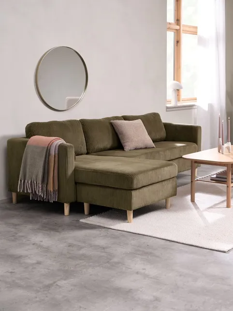 Sofa FALSLEV chaiselong olivengrønt fløjl