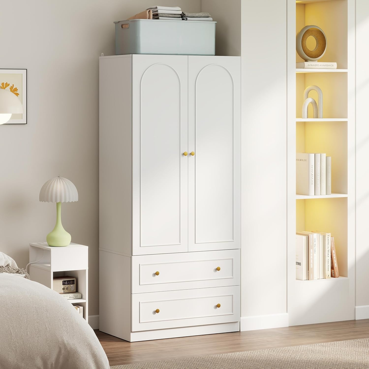 GOODONE Wooden Armoire Wardrobe Closet - 71 Tall Bedroom Armoires with 2 Doors and 2 Drawers, Modern Wardrobe Cabinet with Removable Hanging Rod, White