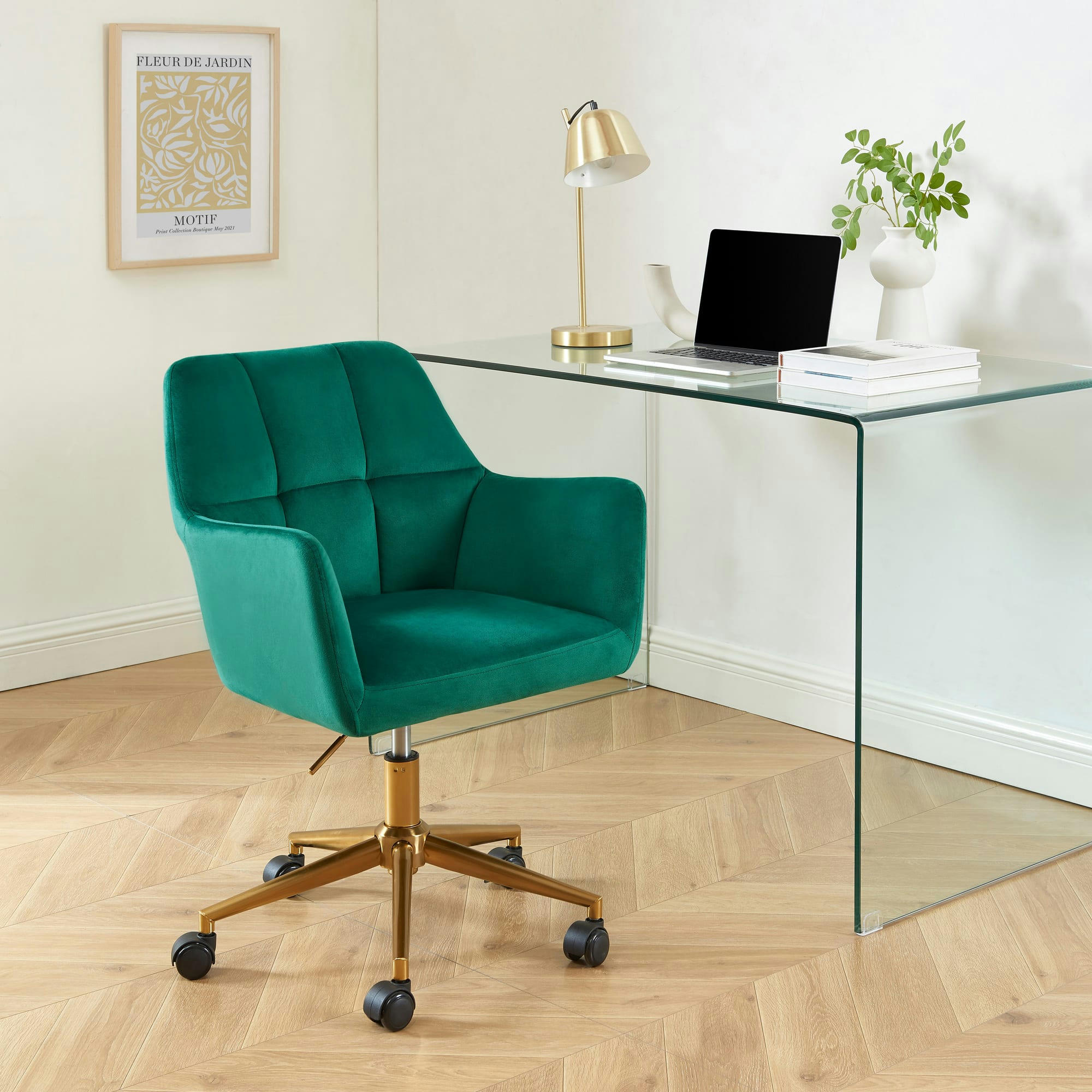 MONACO - Fauteuil de bureau   en velours vert avec pieds dorés