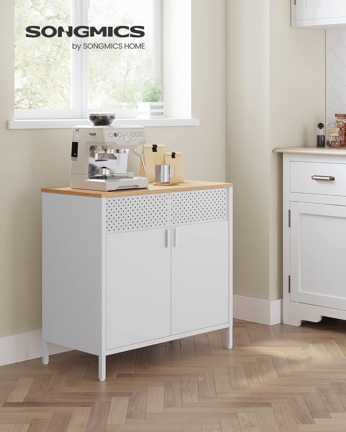 SONGMICS Storage Cabinet, Metal Cabinet, Sideboard with 2 Doors, 15.7 x 31.5 x 29.9 Inches, Magnetic Closure, Adjustable Shelf, Steel Frame, Natural Beige and White ULSC102W57