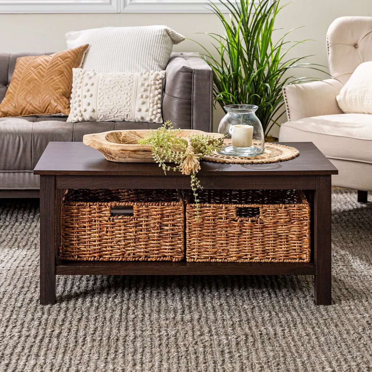 Traditional Storage Coffee Table with Bins, Espresso