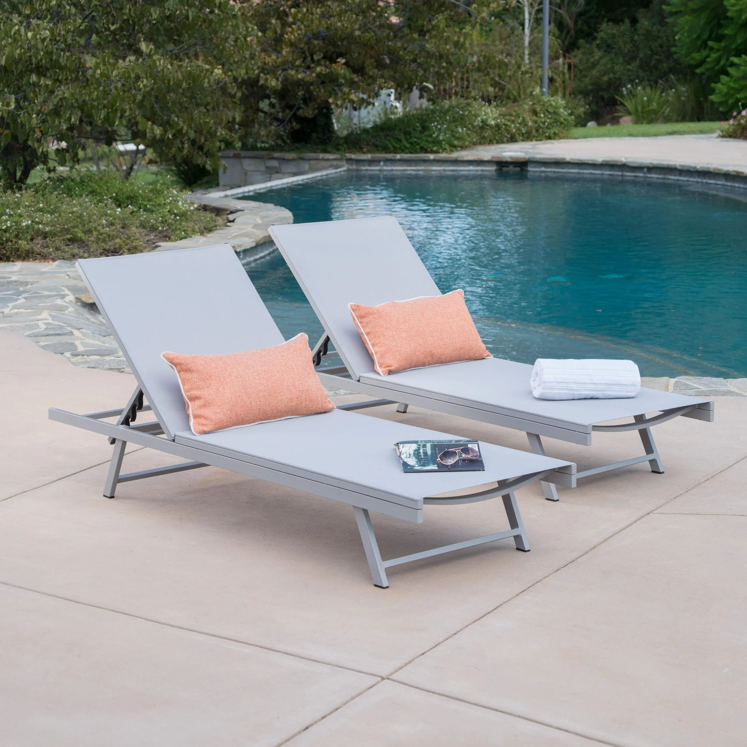Salton Outdoor Aluminum Chaise Lounge with Mesh Seating (Set of 2) by Christopher Knight Home