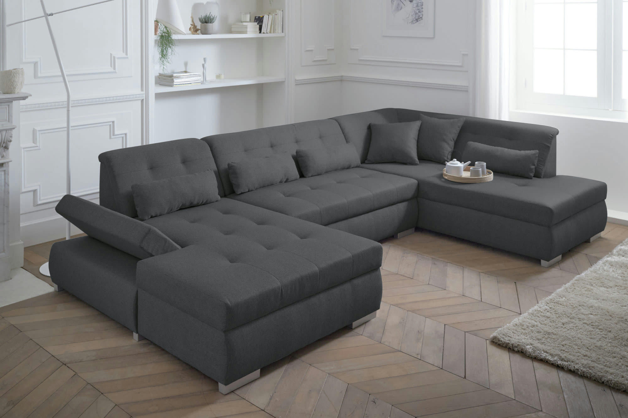 VERMONT - Canapé panoramique 7 places angle droit en tissu gris foncé