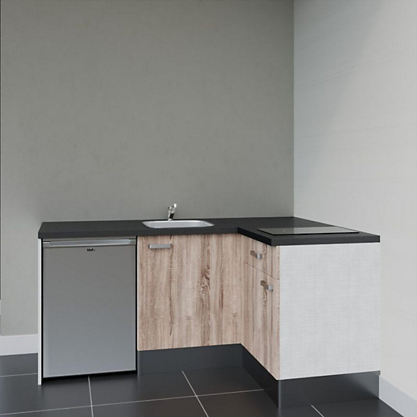 Kitchenette KA01 façades Bois - Plan de travail Noir texturé - Crédences : Non - Evier inox - Electroménager Inox inclus