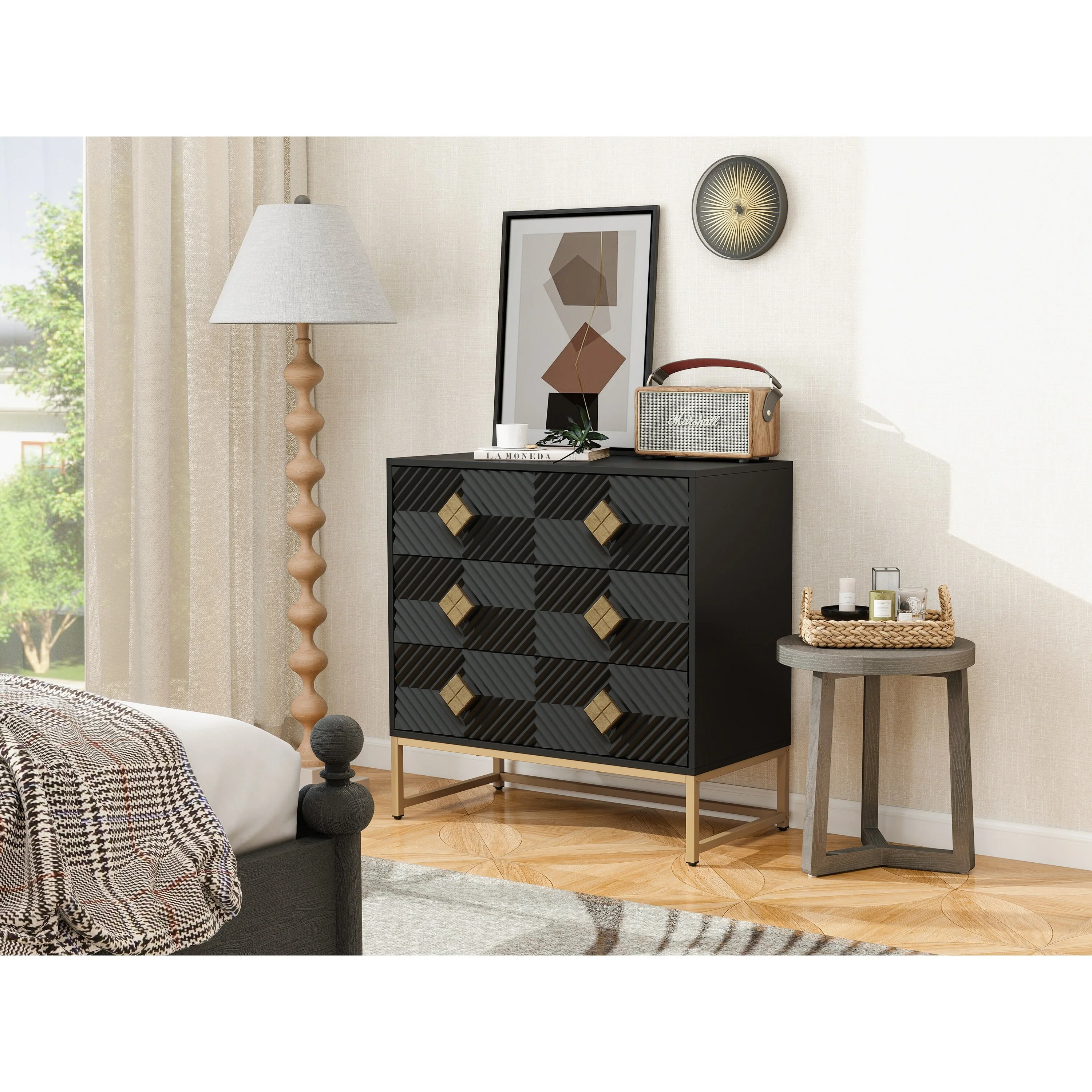 3-Drawer Bachelors Chest, Storage Cabinet with Decorative Embossed Pattern Door for Entryway, Living Room, Bedroom