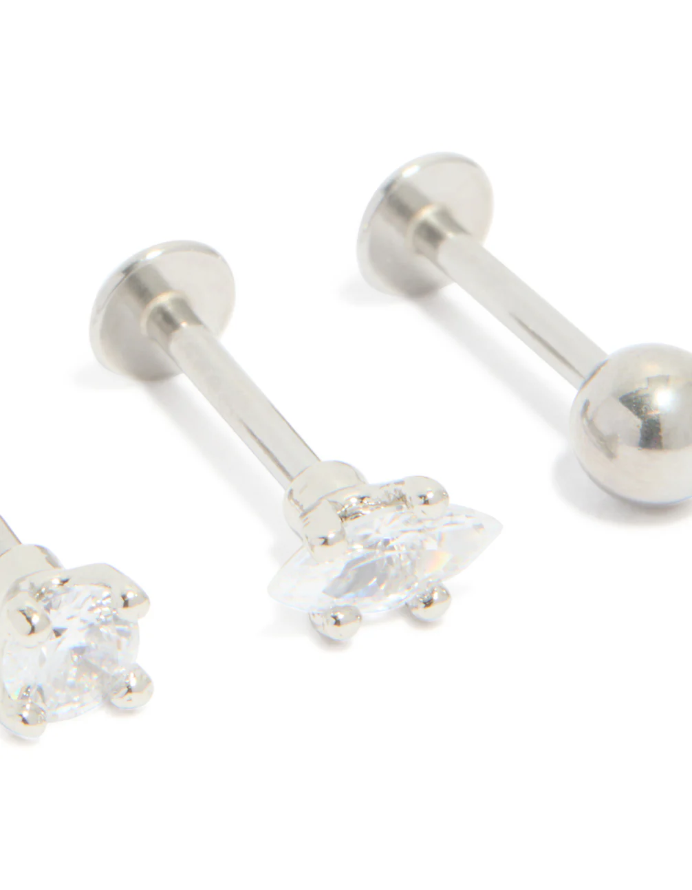 Surgical Steel Cubic Zirconia Marquise & Round Flat Back Studs 3-Pack