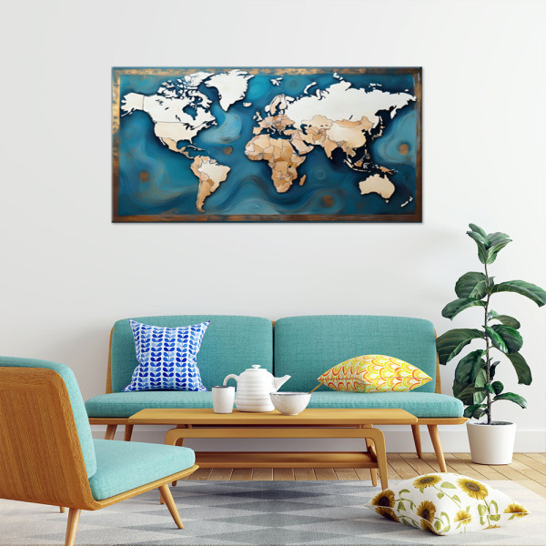 Feeby Obraz na płótnie, Mapa Swiata Retro Turkusowy 80x40