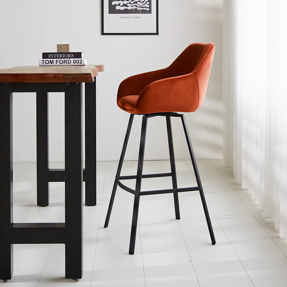 Barkruk Elise velvet roest draaibaar met armleuning Zithoogte 79 cm Stof