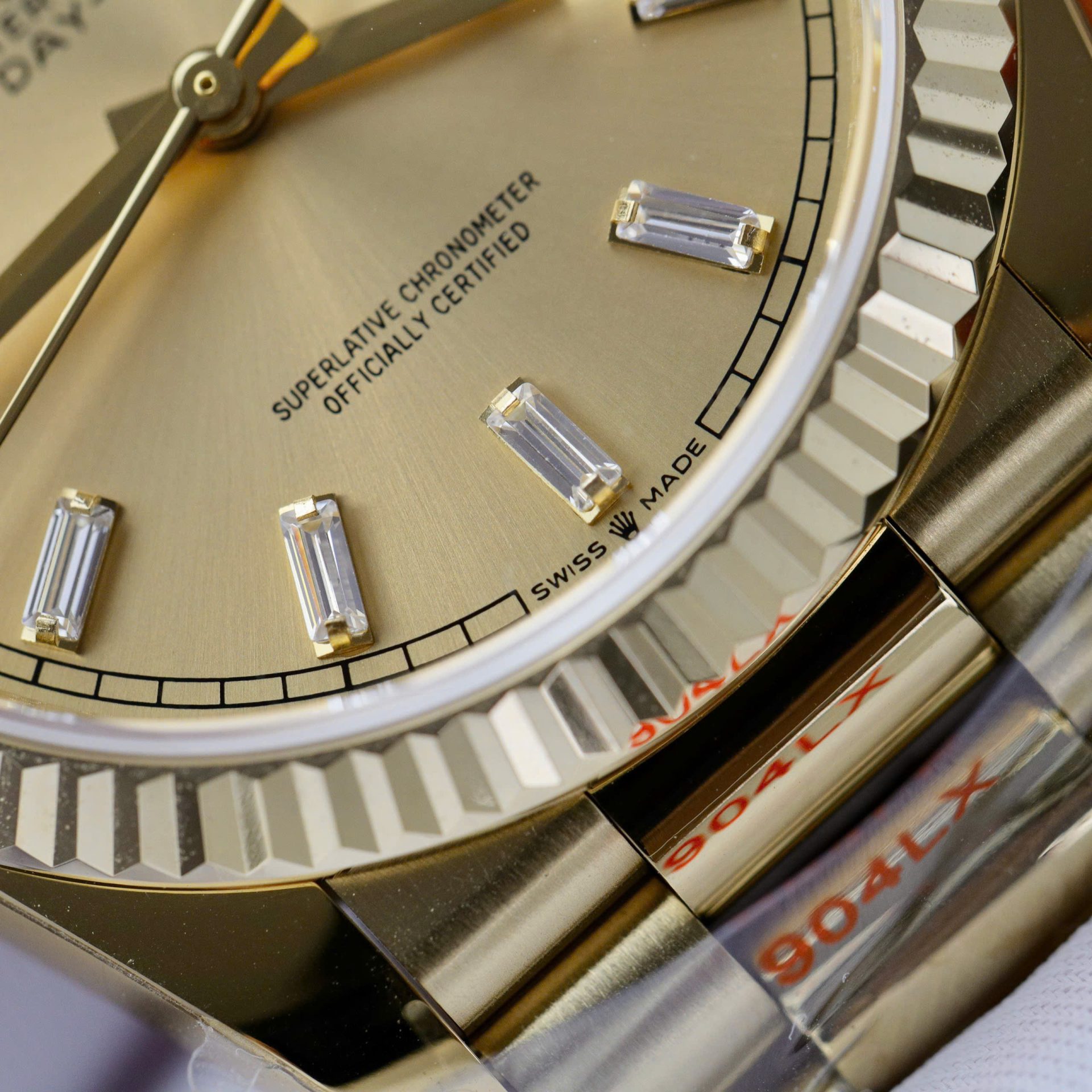 Rolex Day-Date 128238 YG Plated Champagne Dial Baguette Diamonds 36mm Super Clone