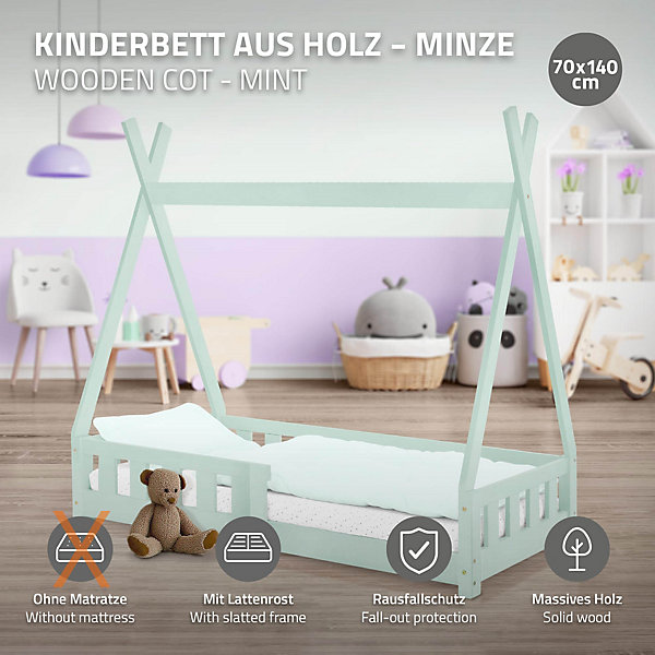 Lit d'enfants ML-Design Tipi 70x140 cm vert menthe maison indien bois de pin sommier clôture de jeu
