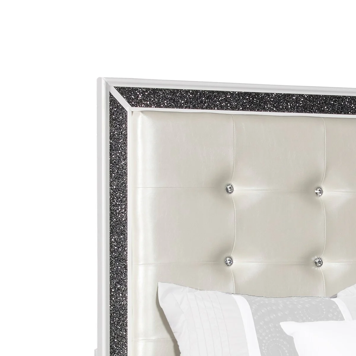 Leatherette Eastern King Headboard with Faux Crystal Inlay, White