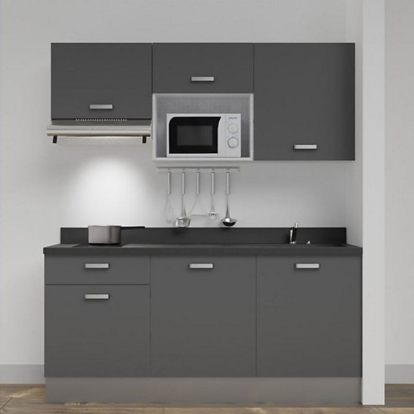 Kitchenette K30 - 180 cm - façades Gris - Plan monobloc en quartz coloris Nero évier à droite