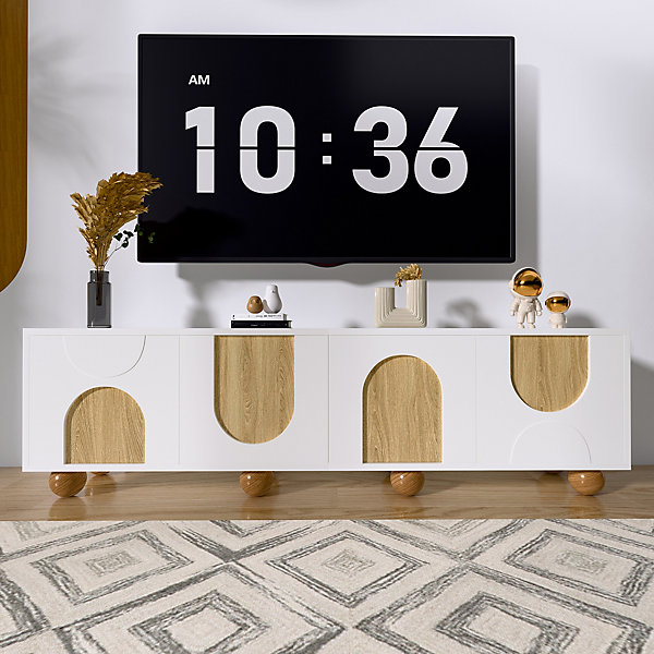 Meuble TV Bas Moderne - 4 Portes et Rangement avec Pieds en Bois - MDF   PB - 175x38x50 cm - Naturel/Blanc