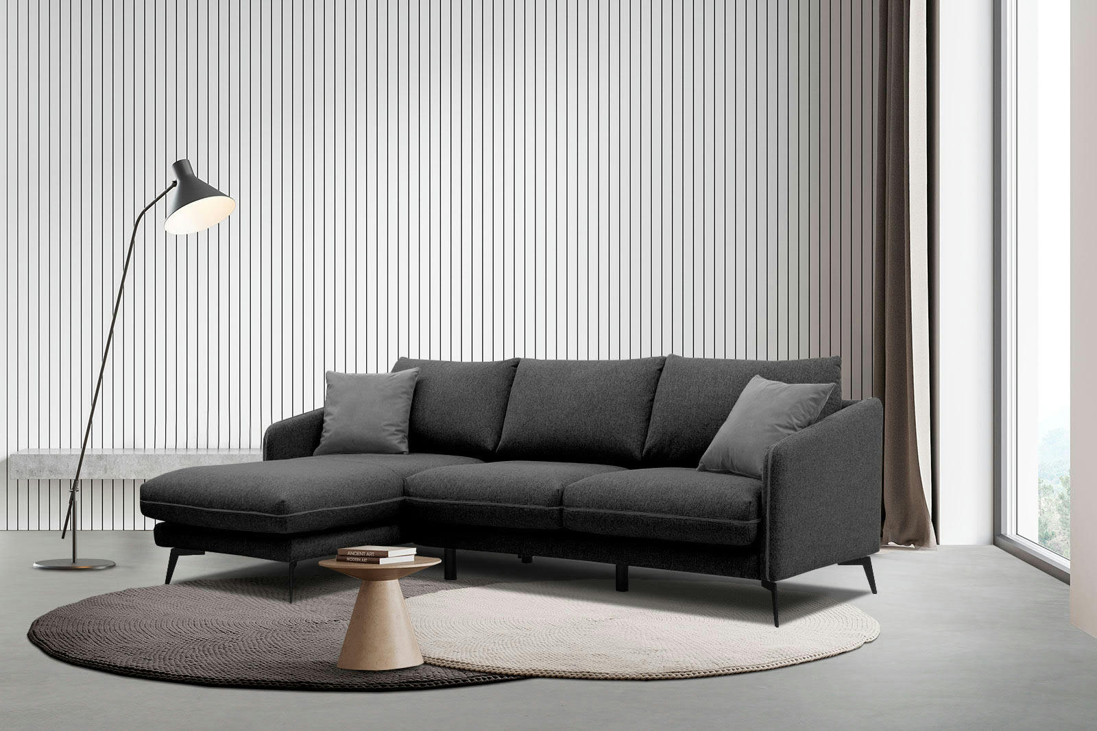 SOGEL - Canapé d'angle gauche 4 places tissu noir