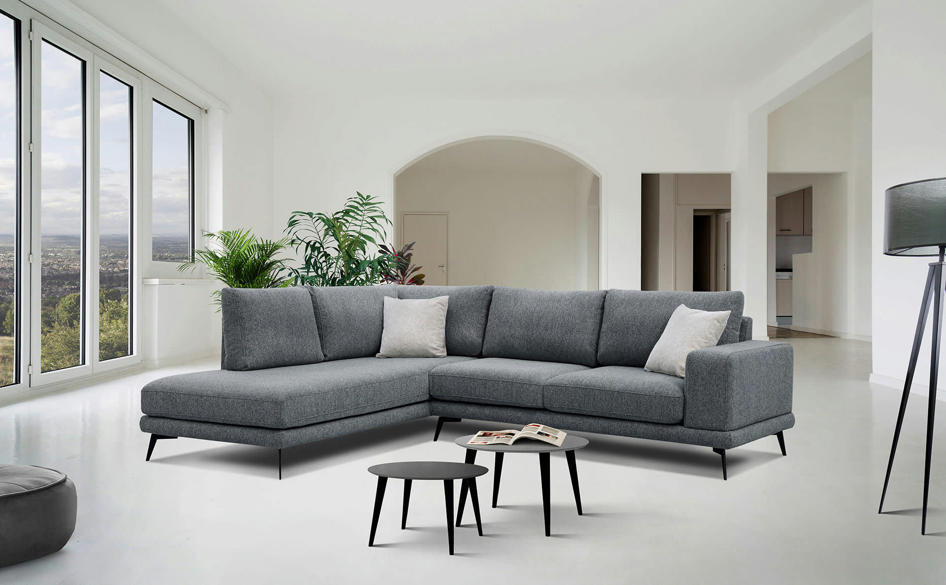 MEDIOLANE - Canapé d'angle gauche 5 places tissu gris foncé