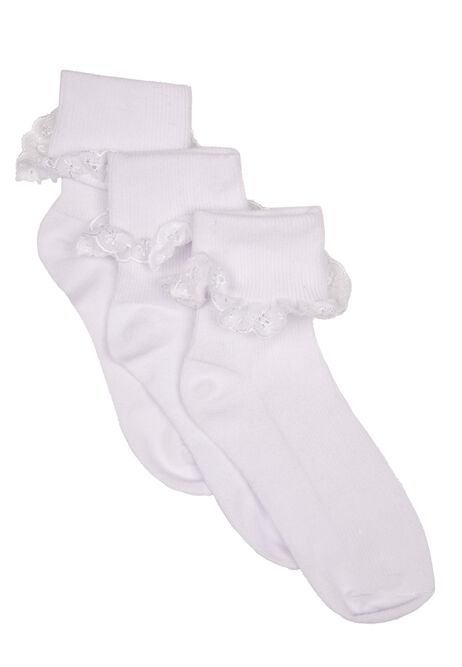 Girls 3pk White Ribbed Frill Ankle Socks