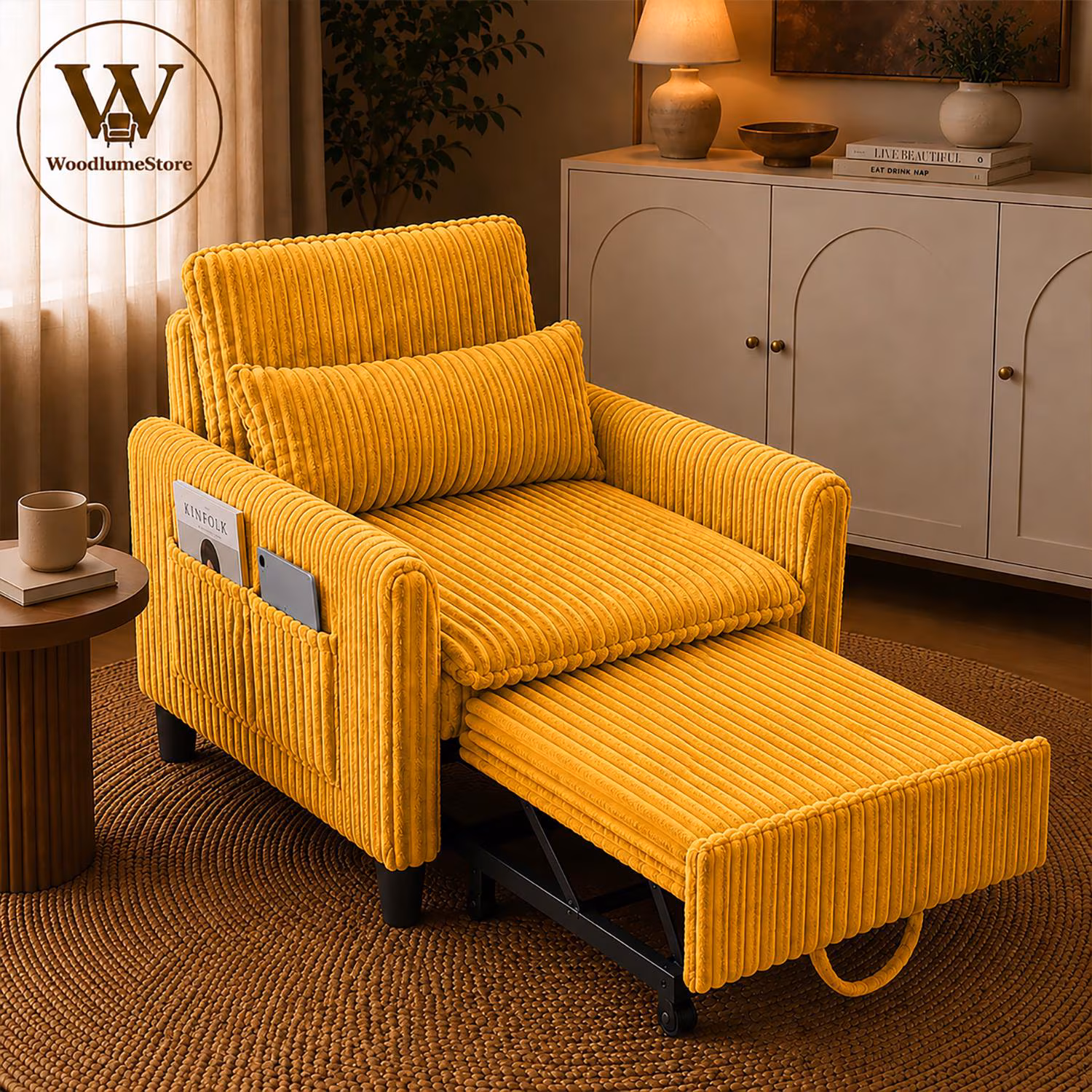 Convertible Sleeper Chair Bed, 3 in 1 Corduroy Pull Out Sofa, Bedroom & Apartment.