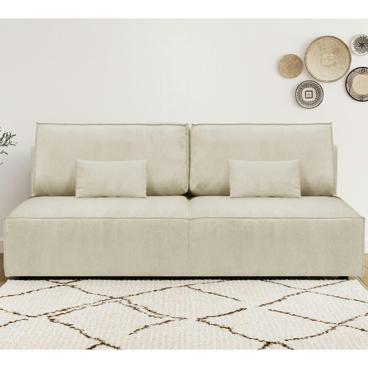 MILLA NEW - Canapé convertible 3 places avec coffre en velours fines côtes beige