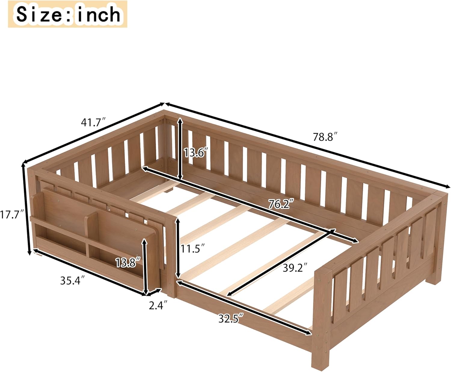 Bellemave Natural Montessori Floor Bed with Fence and Slats, Twin Size Montessori Floor Bed with Bookcase and High Rails, Easy Assemble Bed Frame for Girls, Boys, Twin