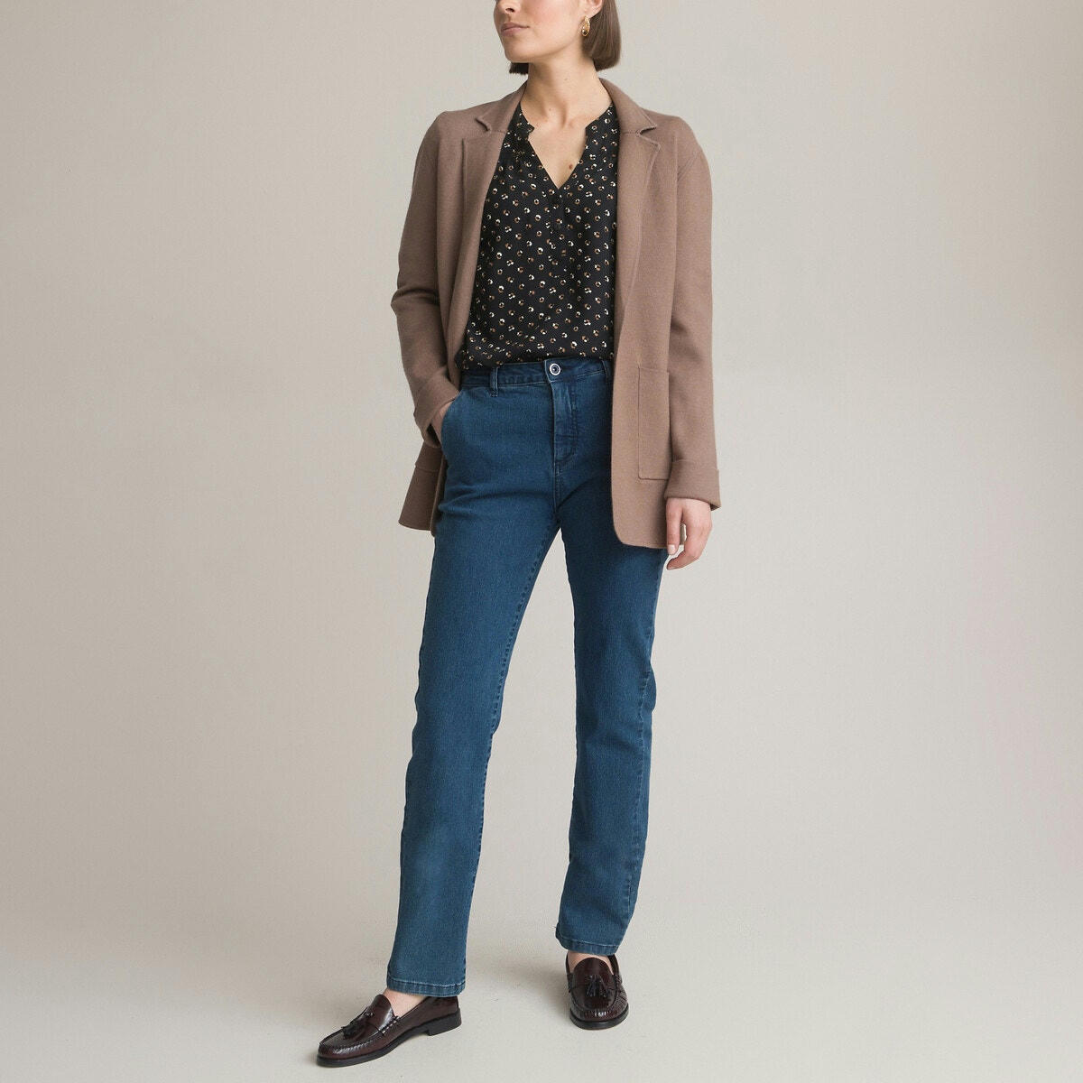 Blouse imprimée, détail dentelle, manches longues