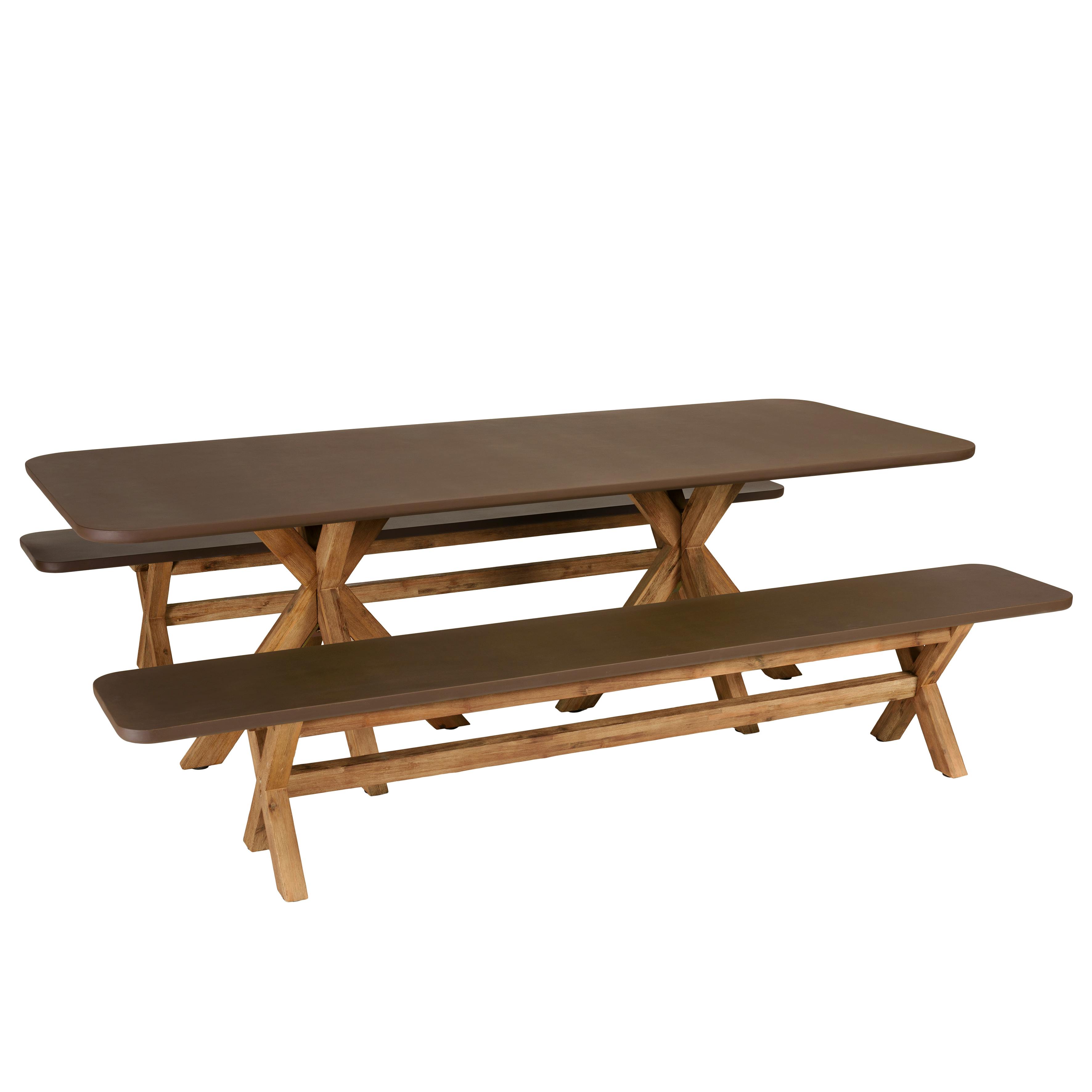 Ensemble table 240 cm et bancs effet béton marron pieds en bois d'acacia CALVI