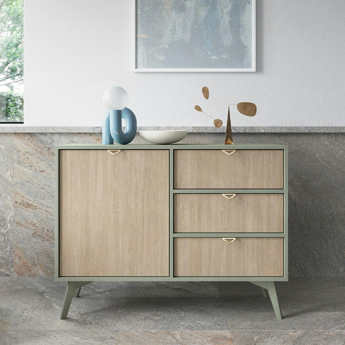 - Buffet 1 porte 3 tiroirs vert et naturel