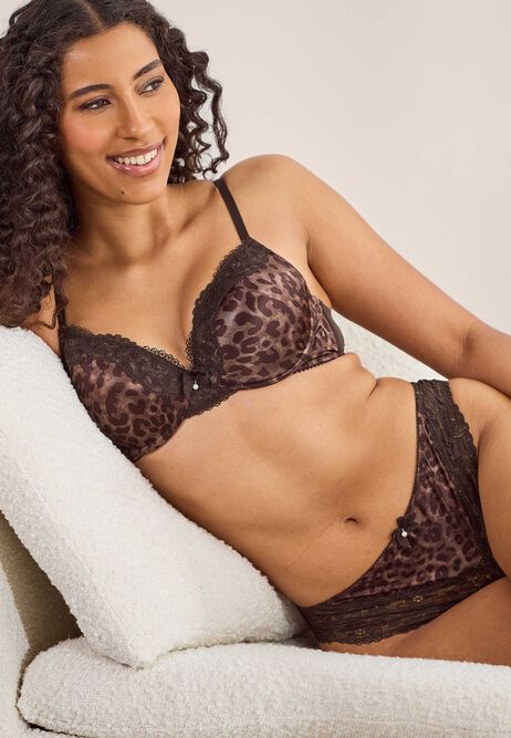 Womens Brown Animal Print Lace T-Shirt Bra (B-DD)