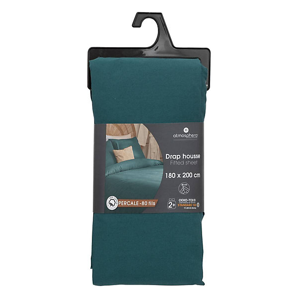 Drap-housse - percale - bleu - 180x200 cm - Atmosphera