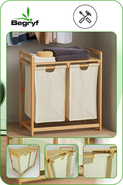 Kosz na pranie bambusowy 2 komory półka organizer kremowy 68x40x35 | BEGRYF