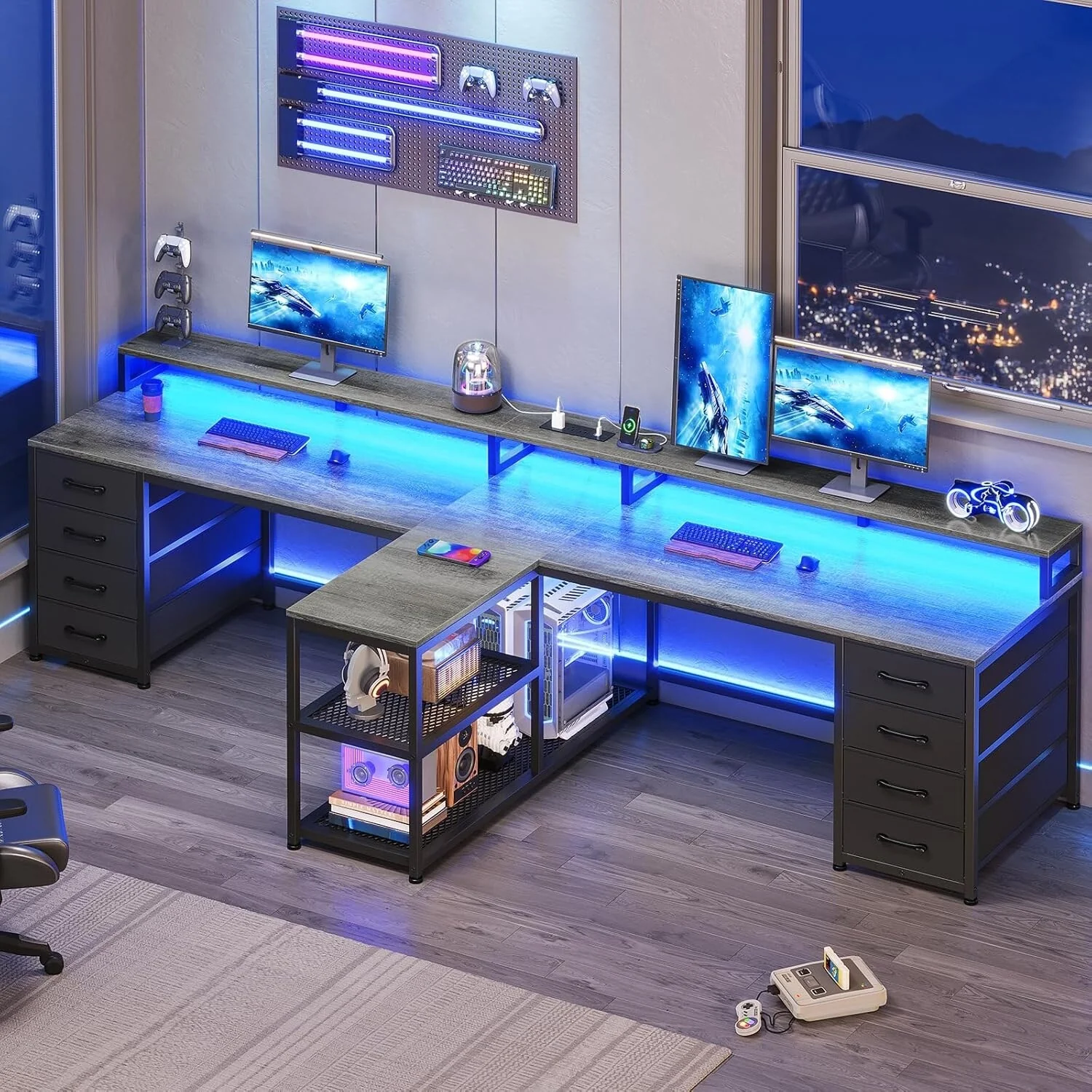 94.5 Two Person Desk with 8 Fabric Drawers Gaming Desk LED Lights