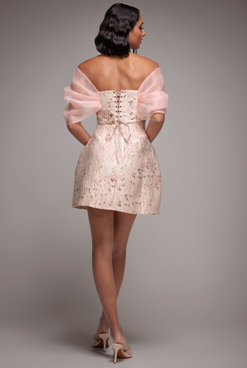 Goddiva Lace Up Jacquard Mini Dress With Organza Wings