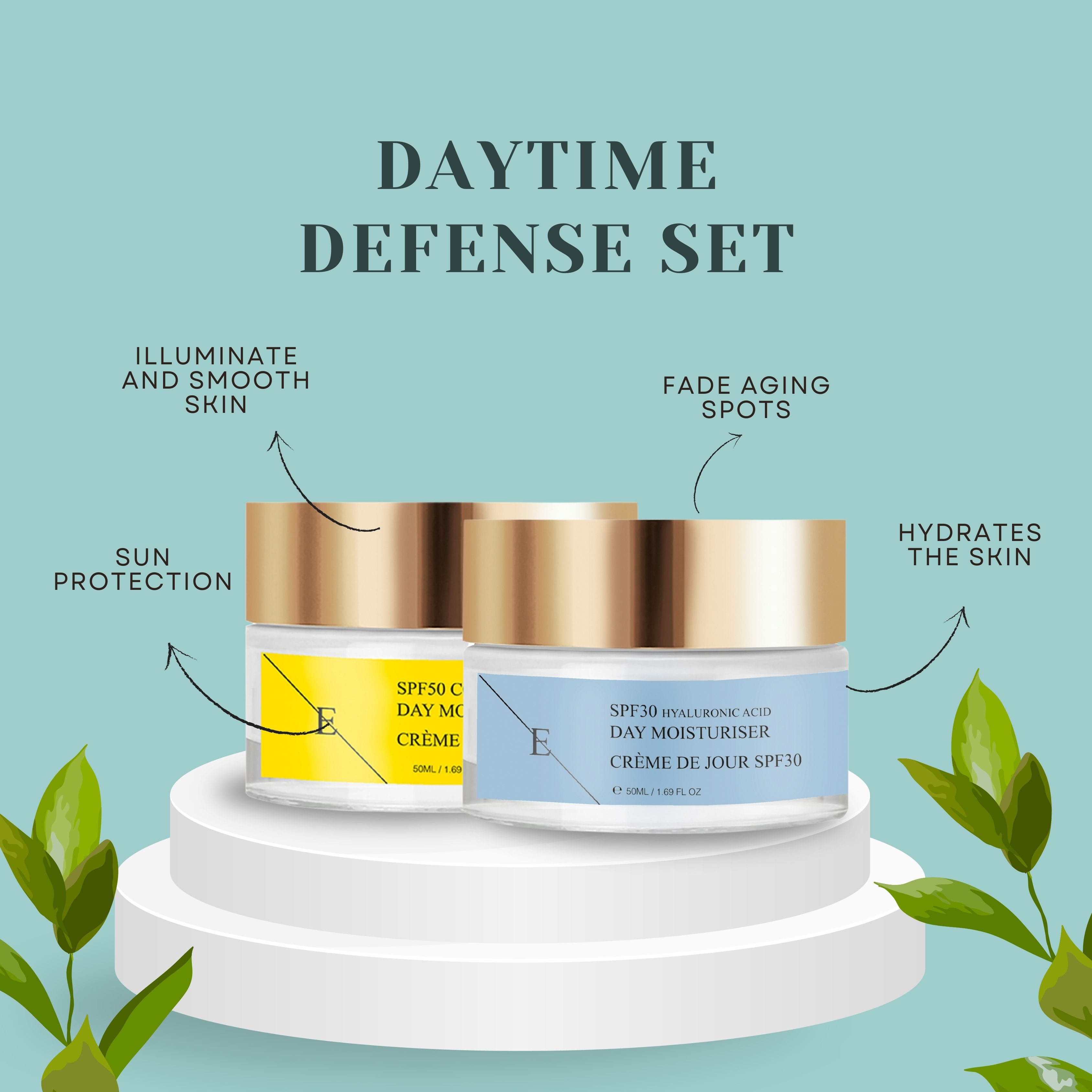Erth Skin London Daily Defense Duo SPF 30 Hyaluronic Acid Day Cream 50ml   SPF 50 Collagen Day Cream 50ml