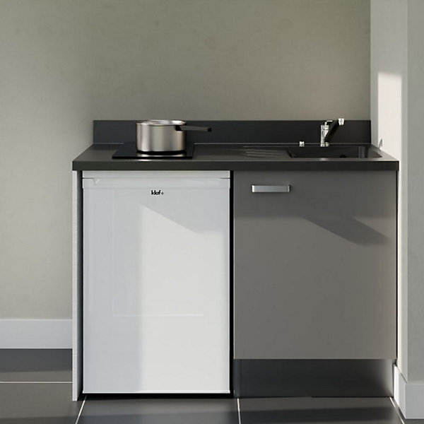 Kitchenette K08 - 120 cm - façades Gris - Plan monobloc en quartz coloris Nero évier à droite - Electroménager Blanc