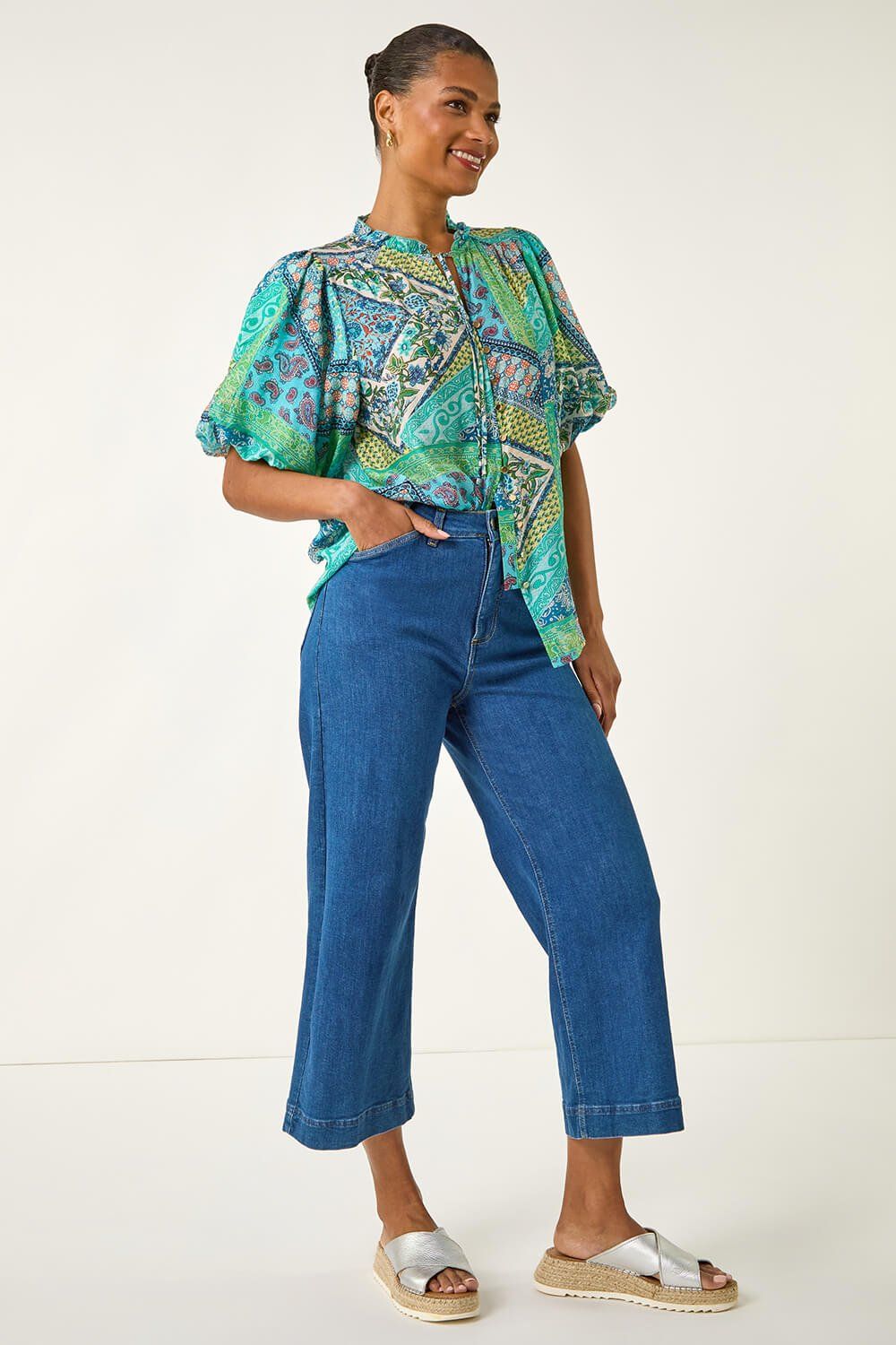 Roman Patchwork Print Tie Front Blouse