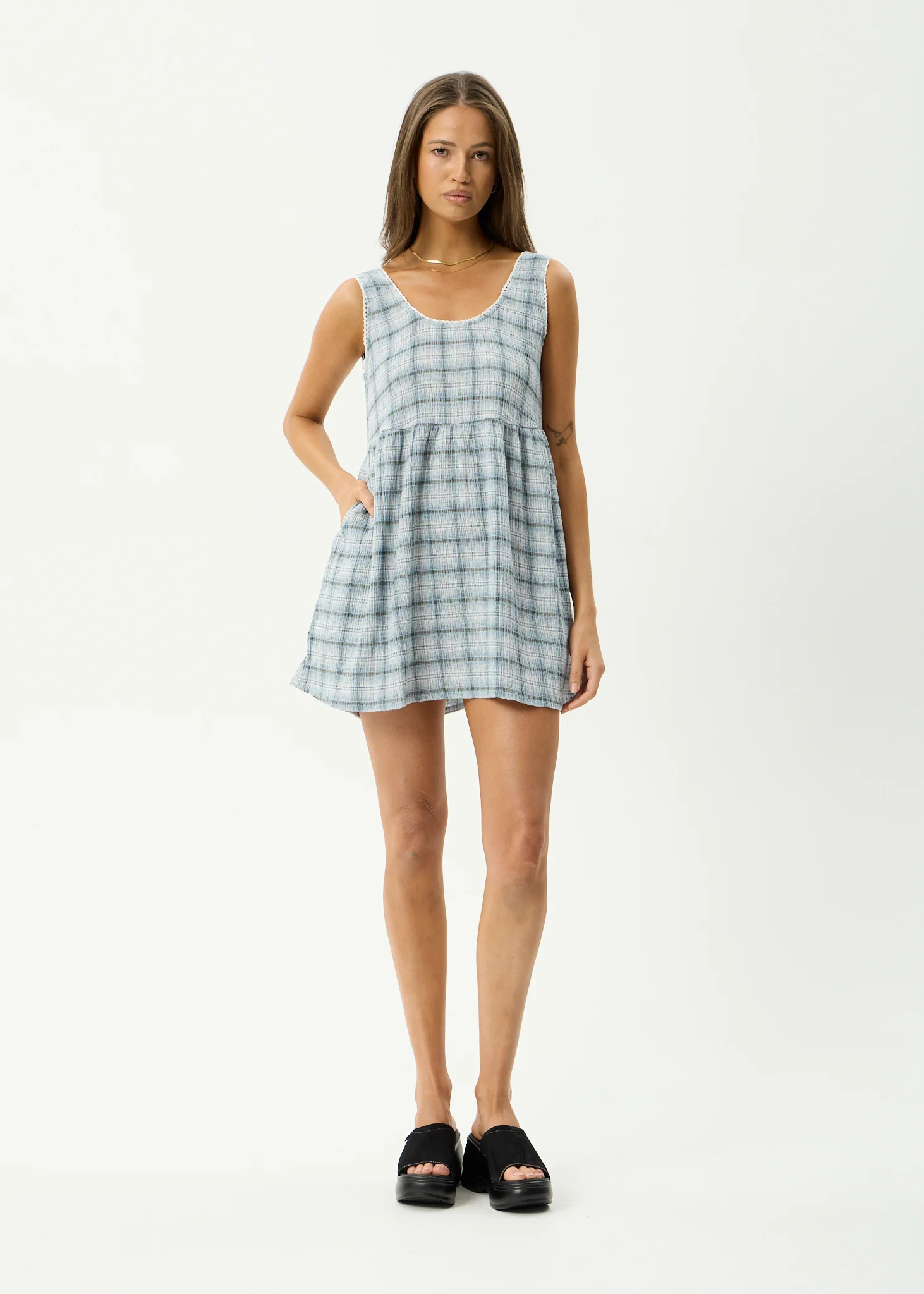 AFENDS Womens Jesse - Seersucker Mini Dress - Overcast Check