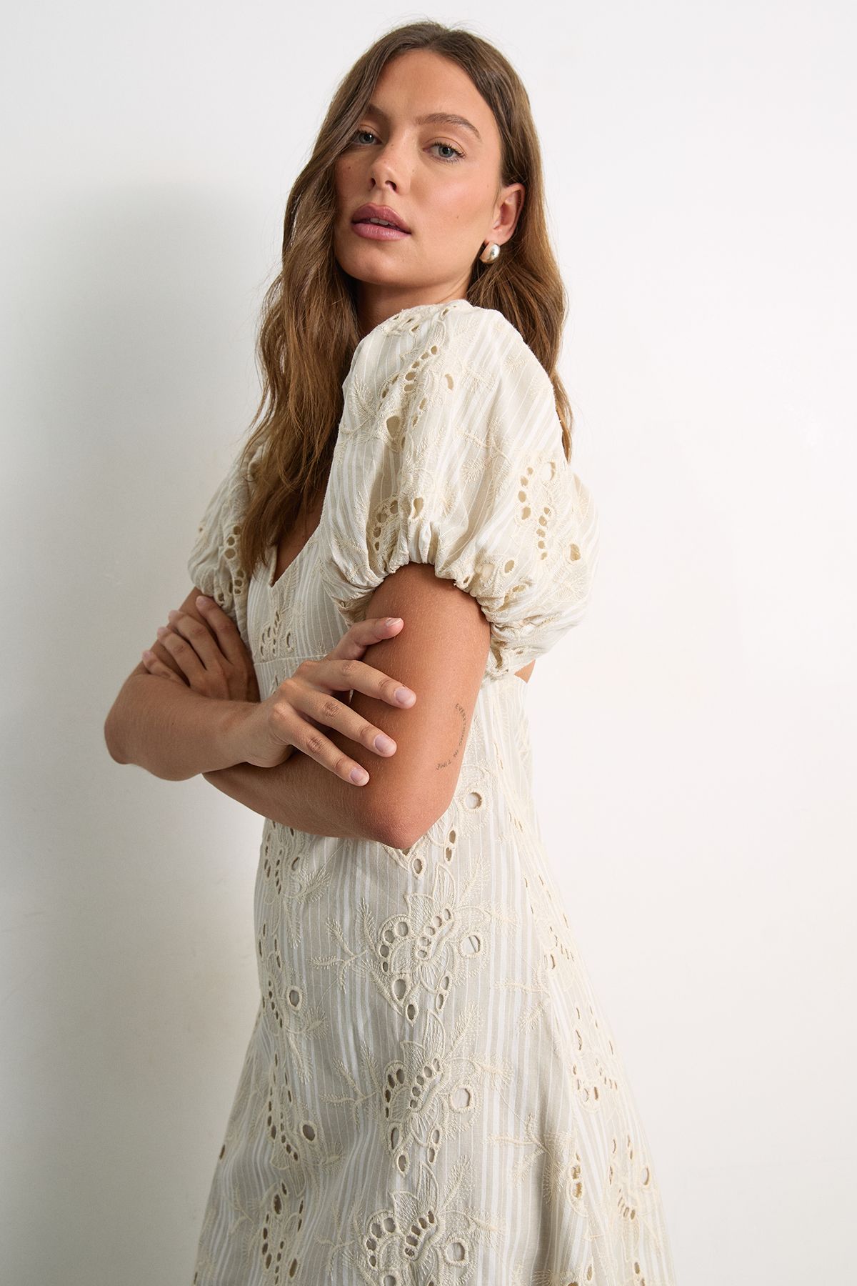 Warehouse Stripe Cotton Broderie Midi Dress