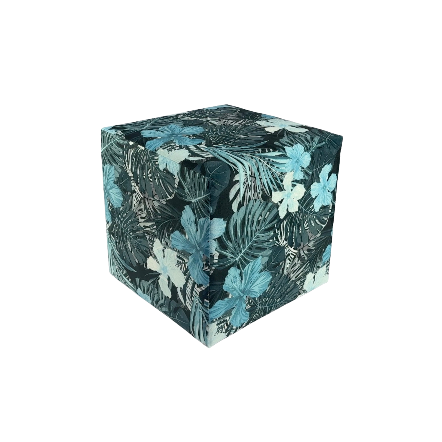 Pufa TROPIC welurowa 40x40 cm kolorowe kwiaty kwadratowa miękka niebieska