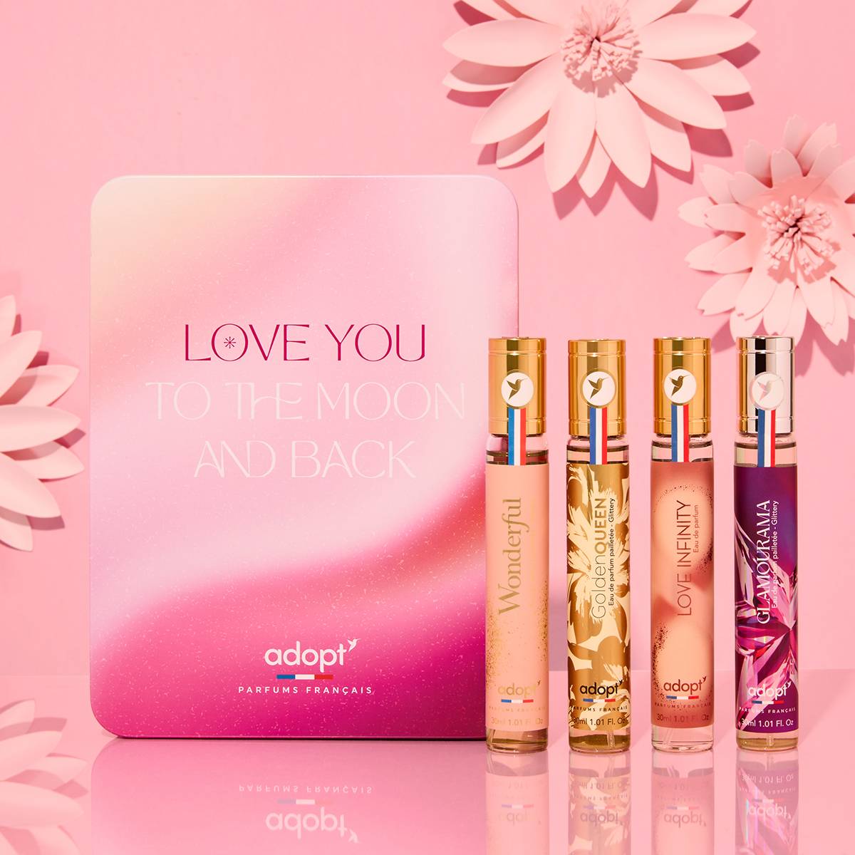 Love you to the moon and backCoffret Métal 4 eaux de parfums Wonderful 30 ml   Golden Queen 30 ml   Love Infinity 30 ml   Glamourama 30 ml